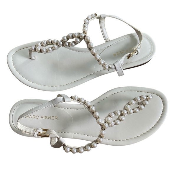 Marc Fisher Women's Pearl Embellished White Sandals 8.5 Resortwear Wedding Beach - Picture 10 of 11